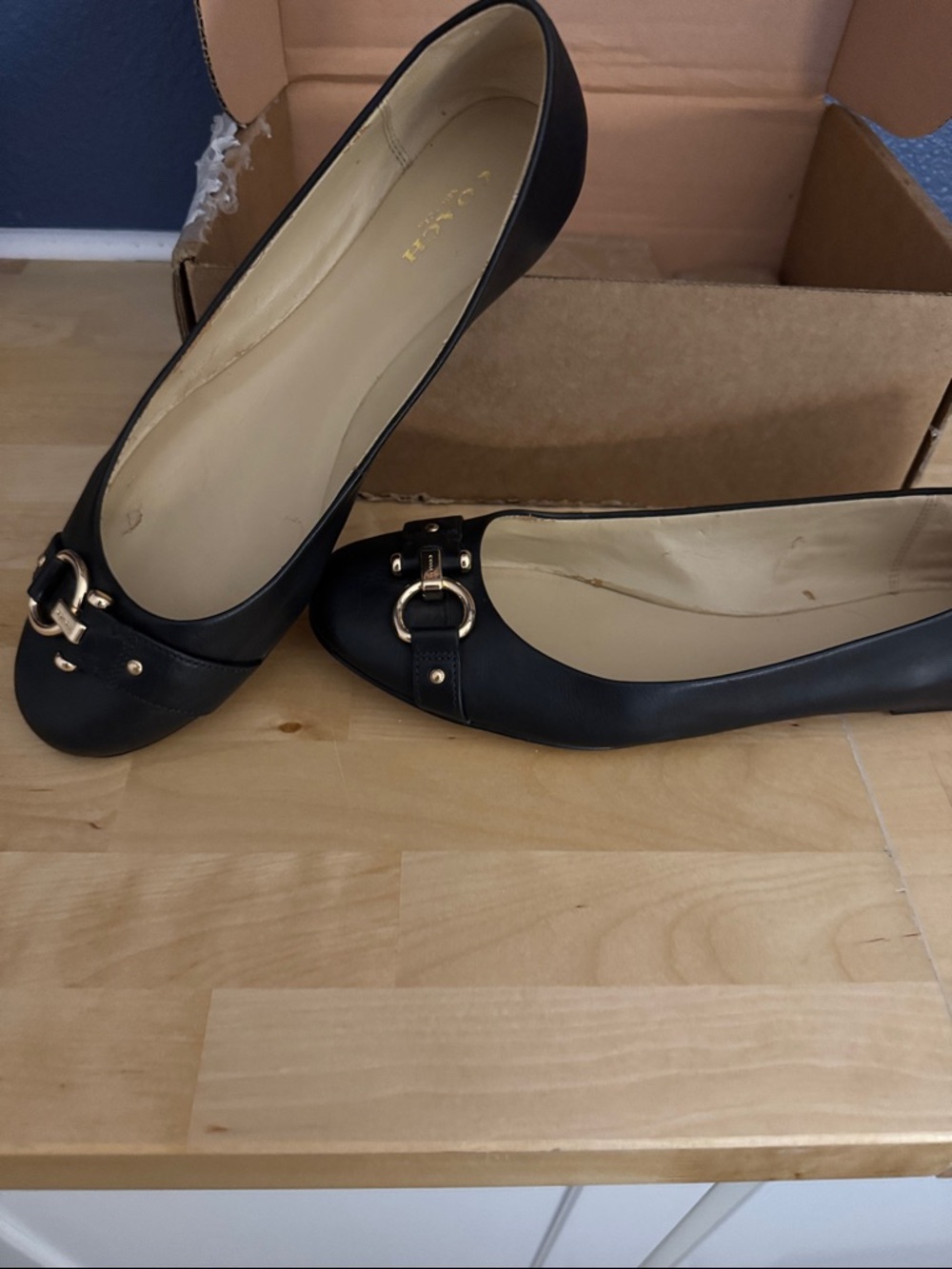 Coach Black Leather Ballet Flats with Gold Horsebit Accent